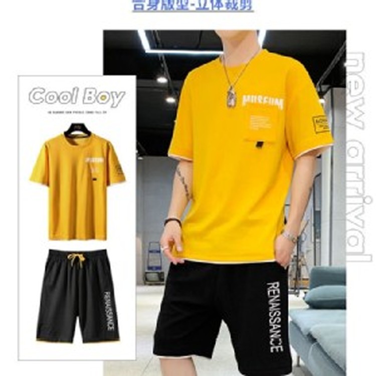 新款韓版修身潮牌短袖套裝-黃色