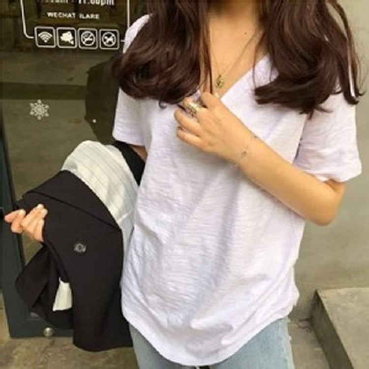 韓風竹節棉寬鬆V領T