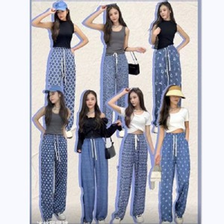 仿單寧印花系列冰絲闊腿褲