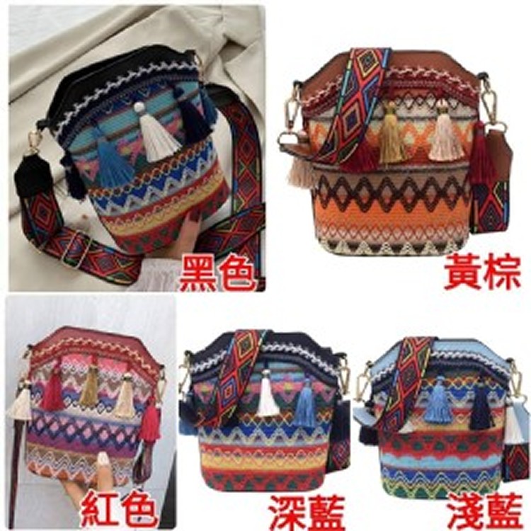 民族風流蘇水桶側背包
