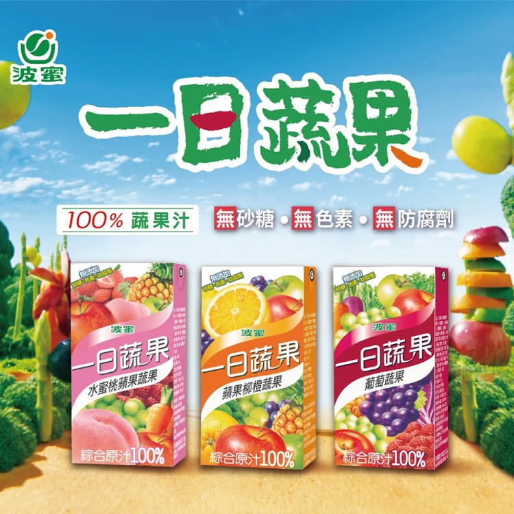 免運!【波蜜】 一日蔬果汁-葡萄/蘋果柳橙/水蜜桃 160毫升/罐 (12組72罐,每罐13.9元)