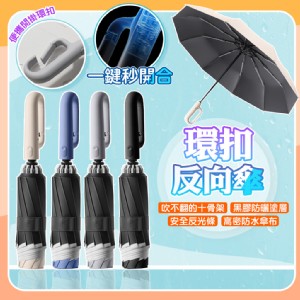 【QIDINA】反光條環扣反向黑膠摺疊自動傘-A