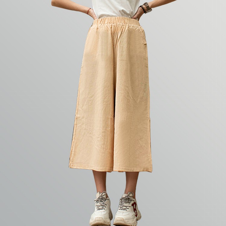 【QIDINA】日系七分透氣舒適亞麻寬褲-1PL