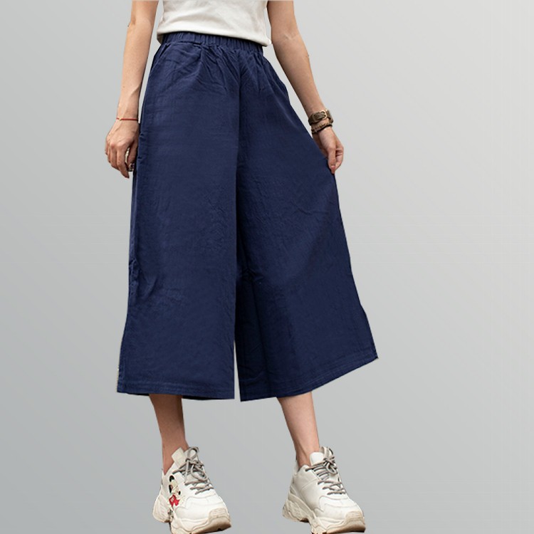 【QIDINA】日系七分透氣舒適亞麻寬褲-1PL