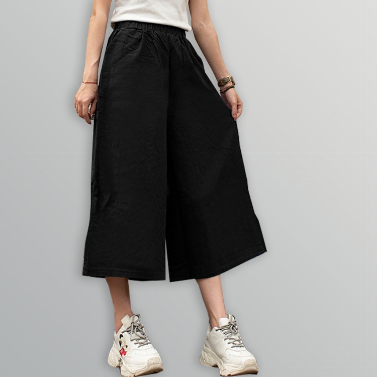 【QIDINA】日系七分透氣舒適亞麻寬褲-1PL