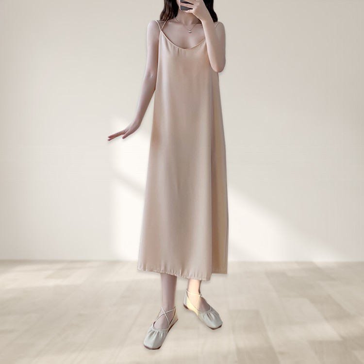 【QIDINA】質感外出居家兩穿長版滑順寬鬆連身裙-K