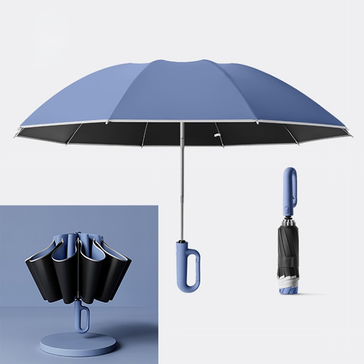 【QIDINA】升級大傘面反光條環扣反向黑膠摺疊自動傘-A