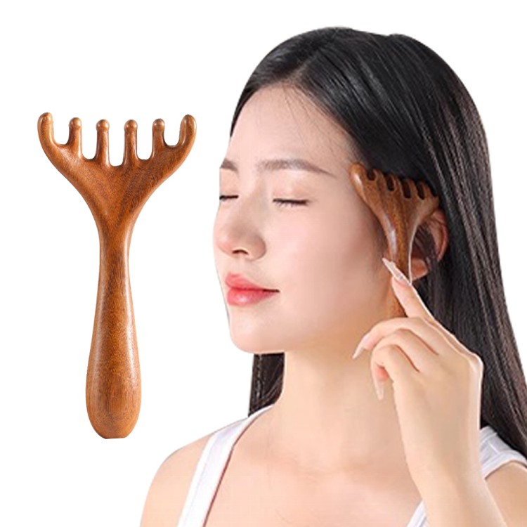 【QIDINA】六爪舒爽檀木頭臉身體按摩梳 按摩棒-D