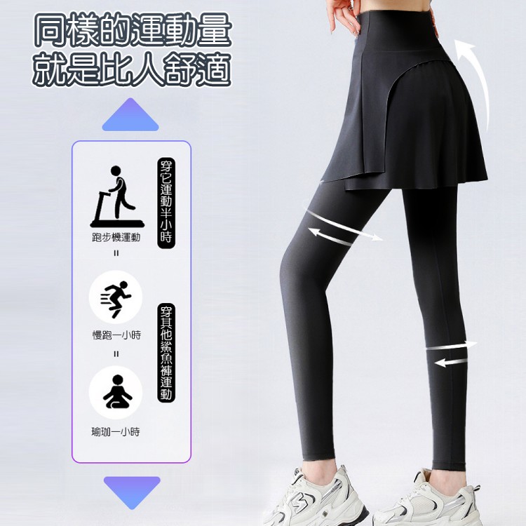 【QIDINA】顯瘦假兩件彈力運動鯊魚褲瑜珈褲裙-B