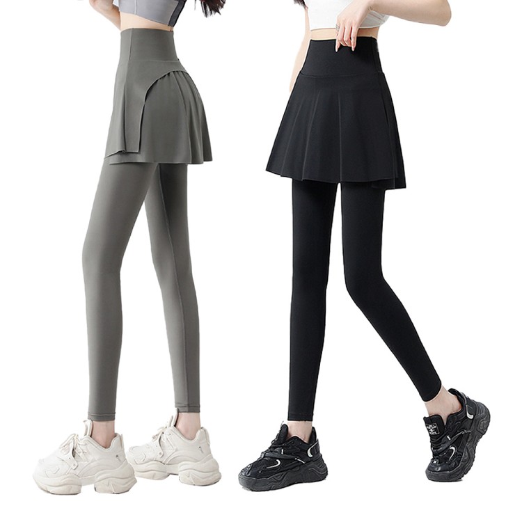 【QIDINA】顯瘦假兩件彈力運動鯊魚褲瑜珈褲裙-B