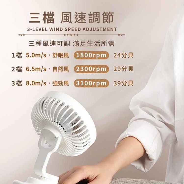 【QIDINA】低噪自動擺頭多檔調節充電夾扇小風扇-A
