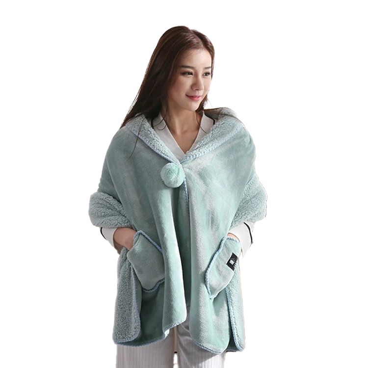 【QIDINA】升級加長雙面絨口袋百搭披肩毯-D