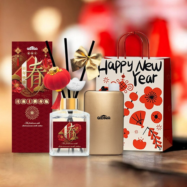 【QIDINA】箔金招財精油硅藻土擴香瓶禮盒 + 箔金補充瓶 + 送禮袋組合