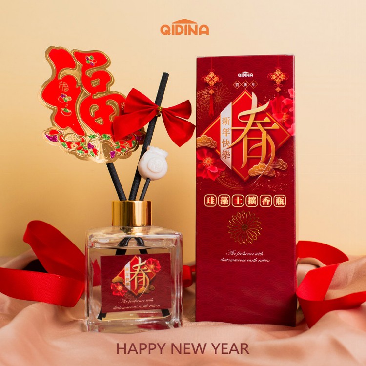 【QIDINA】箔金招財精油硅藻土擴香瓶禮盒 + 箔金補充瓶 + 送禮袋組合
