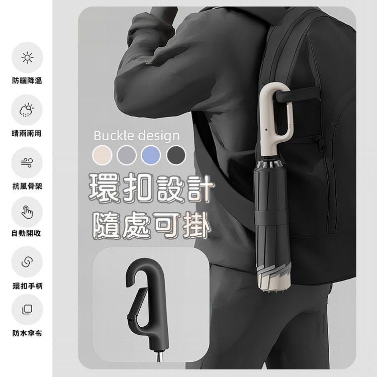 【QIDINA】反光條環扣反向黑膠摺疊自動傘-A