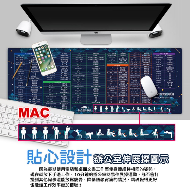 【QIDINA】獨創設計-質感MAC繁中快捷鍵滑鼠大桌墊