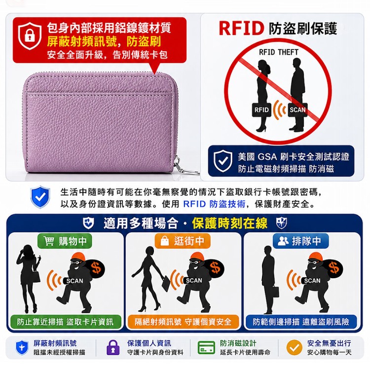【QIDINA】超好用防盜刷大容量收納多格短夾 包-H