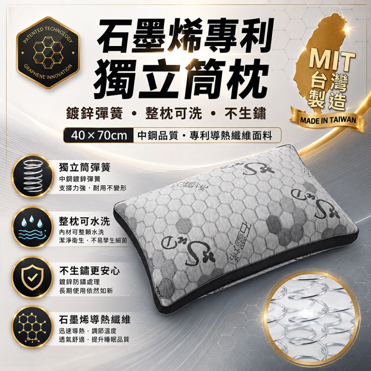 【QIDINA】MIT頂級破千熱銷專利石墨烯可水洗獨立筒枕頭飯店枕頭 SUD-J