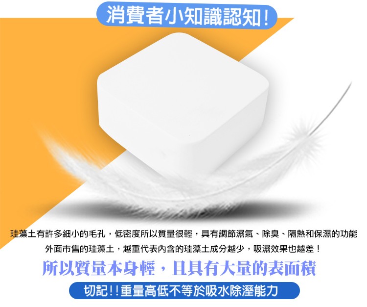 消費者小知識認知!珪藻土有許多細小的毛孔,低密度所以質量很輕,具有調節濕氣、除臭、隔熱和保濕的功能，外面市售的珪藻土,越重代表內含的珪藻土成分越少,吸濕效果也越差!所以質量本身輕,且具有大量的表面積，切記!!重量高低不等於吸水除泽能力。