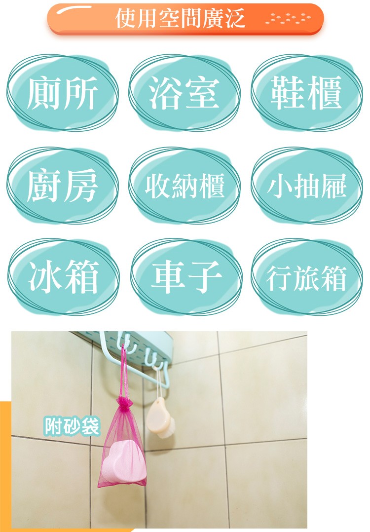 使用空間廣泛，廁所(浴室)鞋櫃，廚房)(收納櫃，小抽屜，行旅箱，附砂袋。