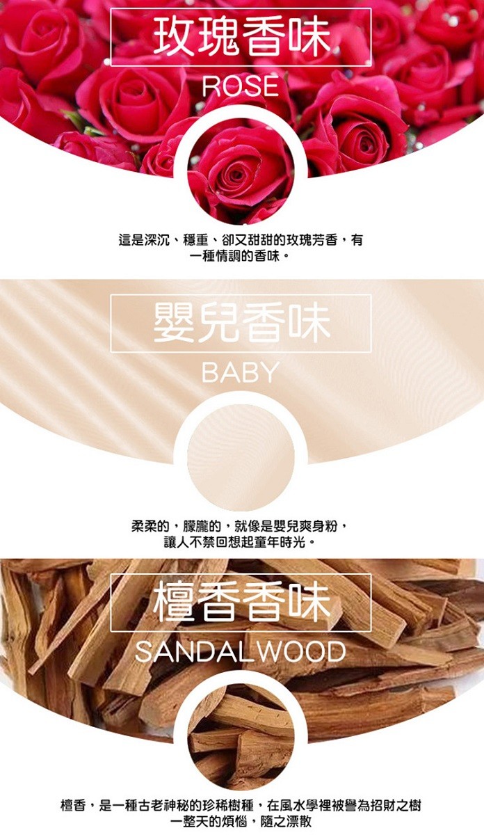 玫瑰香味，這是深沉、穩重、卻又甜甜的玫瑰芳香,有，一種情調的香味。嬰兒香味，柔柔的,朦朧的,就像是嬰兒爽身粉,讓人不禁回想起童年時光。檀香香味，檀香,是一種古老神秘的珍稀樹種,在風水學裡被警為招財之樹，一整天的煩惱,隨之漂散。