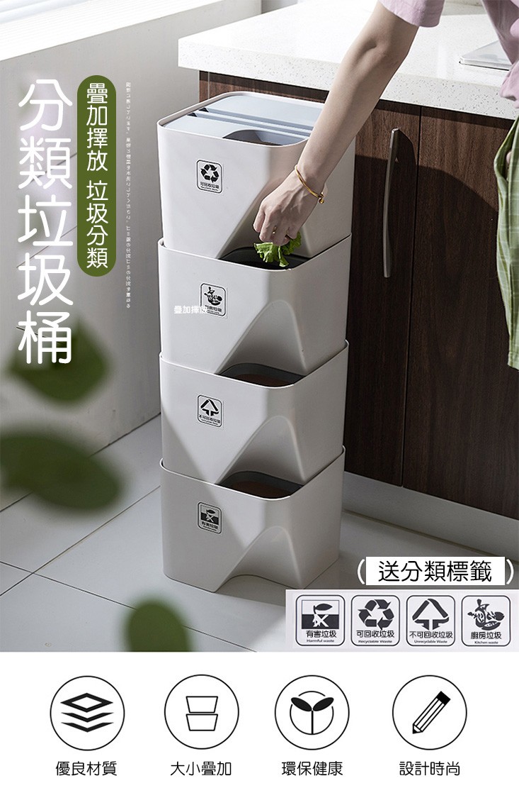 送分類標籤,有害垃圾,(回取业权)个回 房,優良材質,大小疊加,環保健康,設計時尚,就 っト2 n影 つトへ5い2. u e 鬆ㄩe,疊加擇放 垃圾分類,分類垃圾桶。