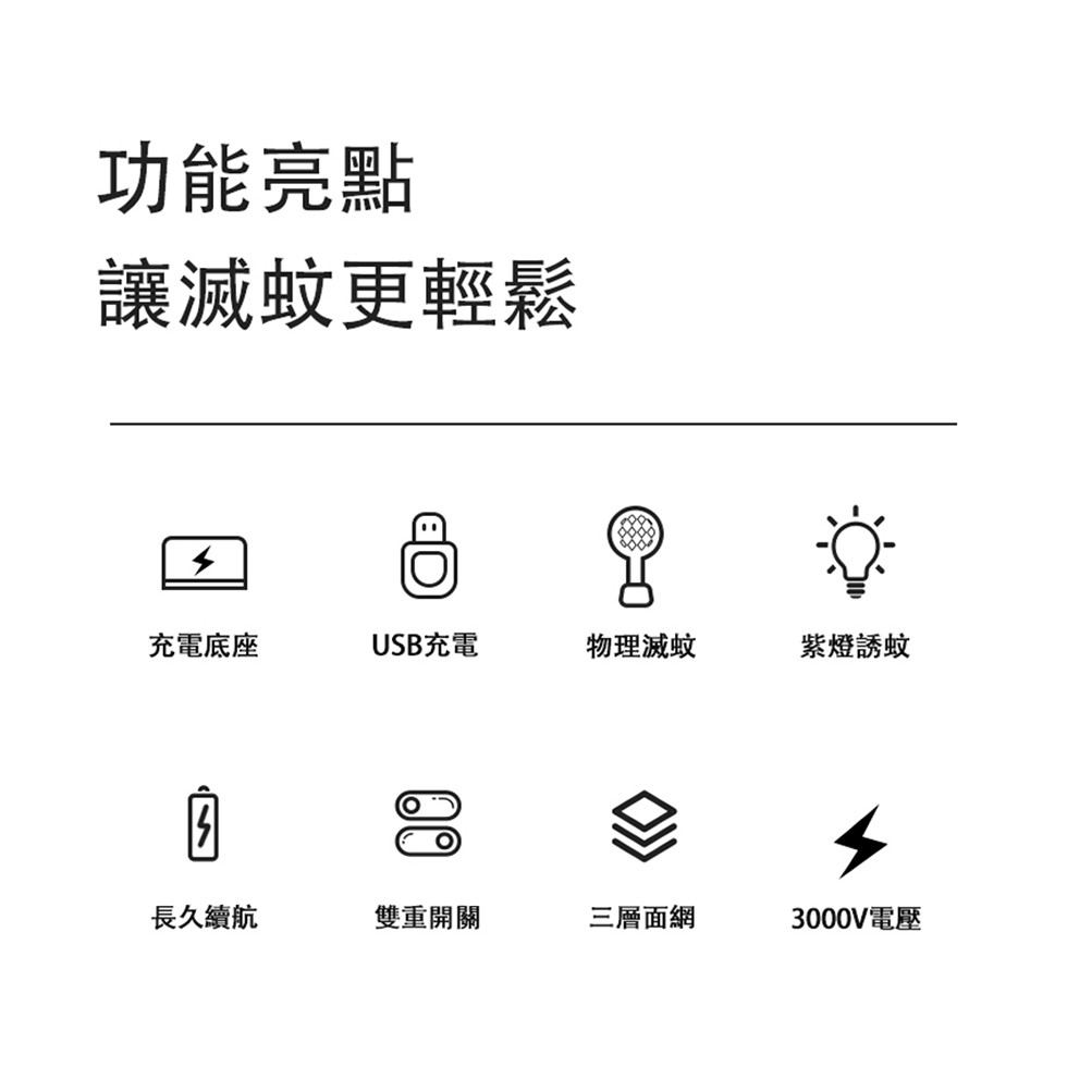 功能亮點,讓滅蚊更輕鬆,充電底座,長久續航,USB充電,雙重開關,物理滅蚊,三層面網,紫燈誘蚊,3000V電壓。