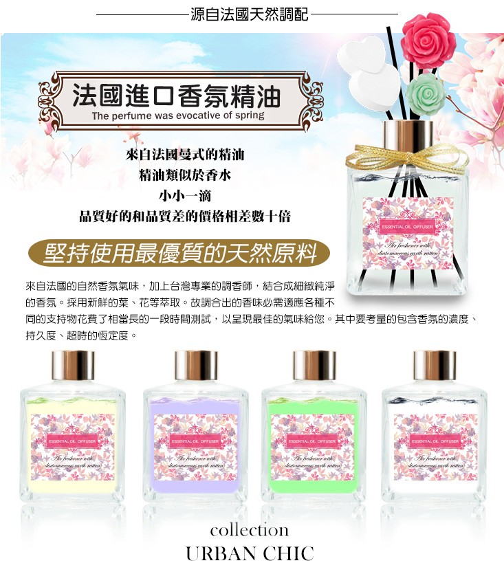 法國進口香氛精油,源自法國天然調配,小小一滴,品質好的和品質差的價格相差數十倍,來自法國曼式的精油,精油類似於香水,堅持使用最優質的天然原料,來自法國的自然香氛氣味,加上台灣專業的調香師,結合成細緻純淨,的香氛。採用新鮮的葉、花等萃取。故調合出的香味