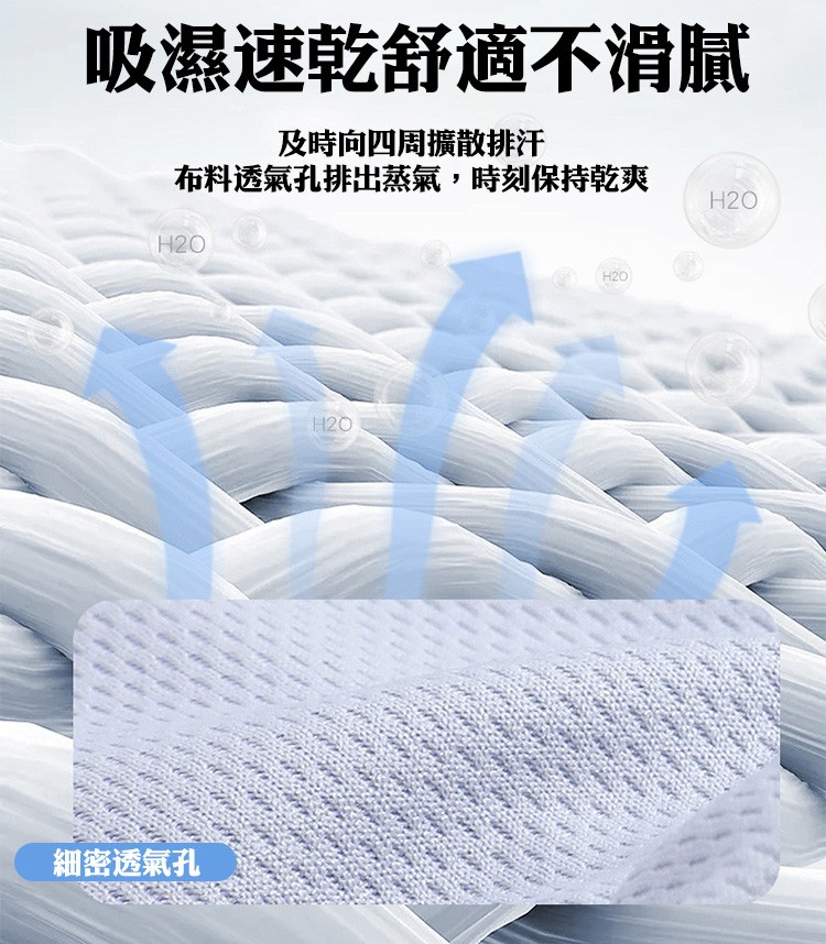 吸濕速乾舒適不滑腻,及時向四周擴散排汗,布料透氣孔排出蒸氣,時刻保持乾爽,細密透氣孔。