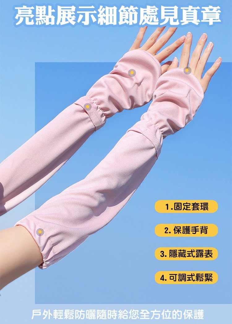 亮點展示細節處見真章,1.固定套環,2. 保護手背,3. 隱藏式露表,4. 可調式鬆緊,戶外輕鬆防曬隨時給您全方位的保護。