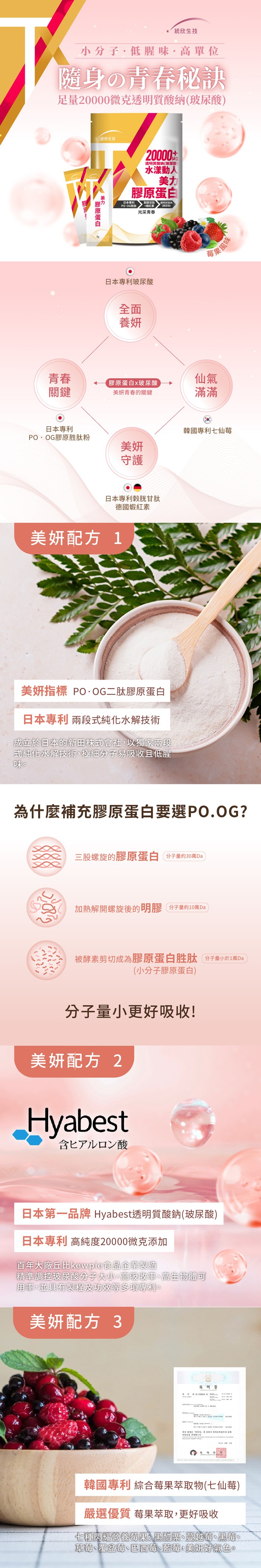 統欣生技，小分子·低腥味·高單位，随身の青春秘訣，足量20000微克透明質酸納(玻尿酸)，統欣生技，“膠原蛋白，20000萬，透明質酸鈉(玻尿酸)，水漾動人，膠原蛋白，日本專利。PO-OG胜肽，穀胱甘肽，+蝦紅素，光采青春，透明質酸鈉┃，日本專利玻尿