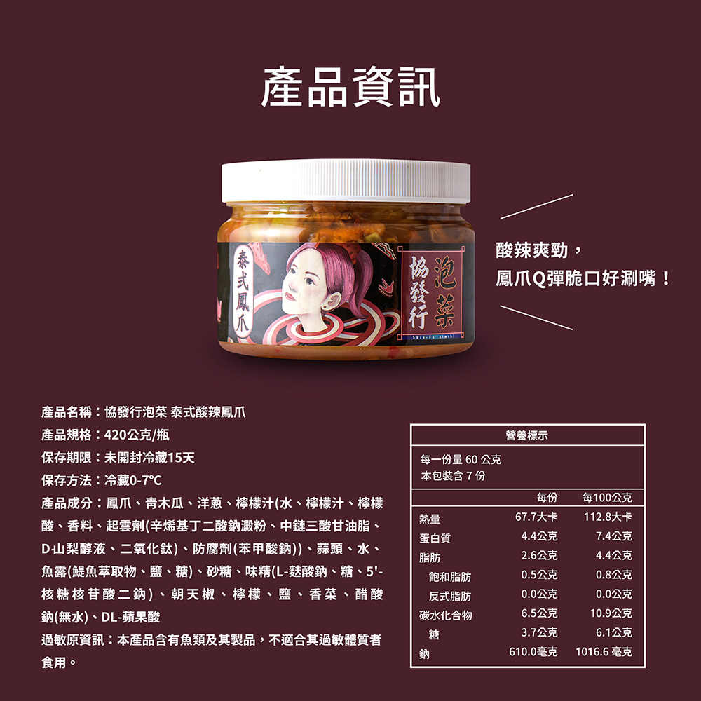 產品資訊，【泰式鳳爪)，協發行，酸辣爽勁,鳳爪Q彈脆口好涮嘴!產品名稱:協發行泡菜 泰式酸辣鳳爪，產品規格:420公克/瓶，營養標示，保存期限:未開封冷藏15天，保存方法:冷藏0-7℃，每一份量60公克，本包裝含7份，每100公克，產品成分:鳳爪、青