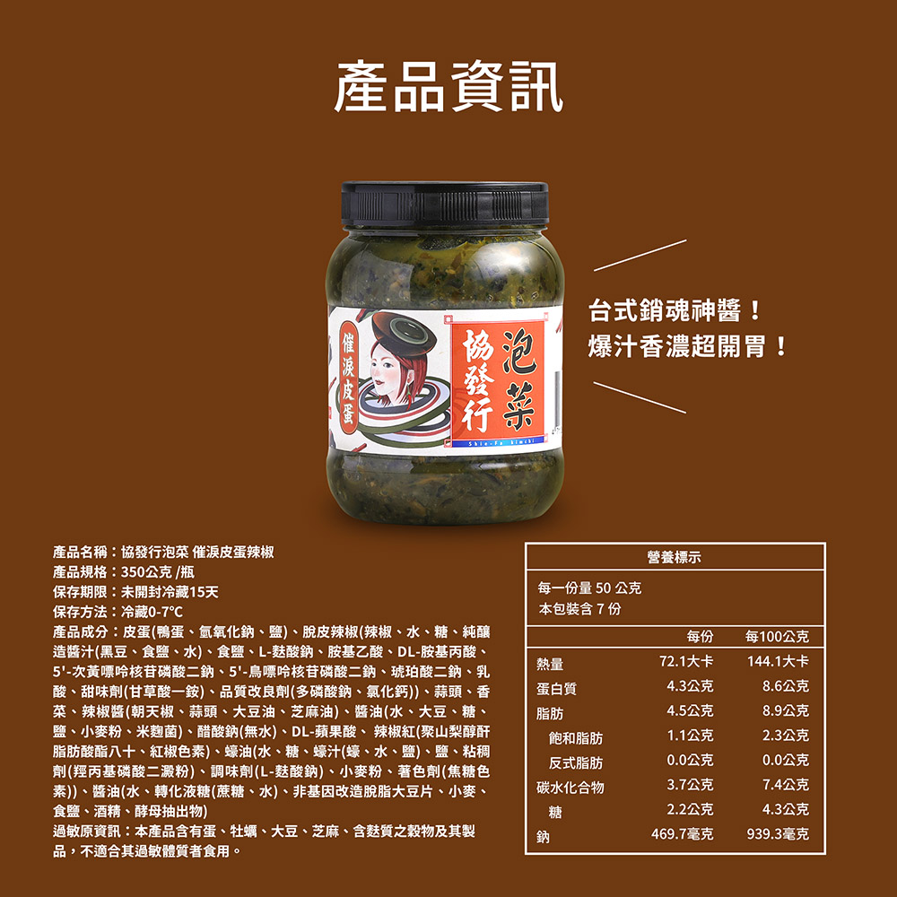 產品資訊，產品名稱:協發行泡菜 催涙皮蛋辣椒，產品規格:350公克/瓶，保存期限:未開封冷藏15天，保存方法:冷藏0-7℃，(催淚皮蛋，協發行，台式銷魂神醬!爆汁香濃超開胃!營養標示，每一份量50公克，本包裝含7份，每100公克，72.1大卡，144