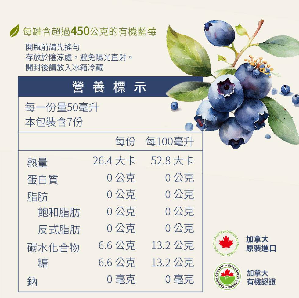 每罐含超過450公克的有機藍莓，開瓶前請先搖勻，存放於陰涼處,避免陽光直射。開封後請放入冰箱冷藏，營養標示，每一份量50毫升，本包裝含7份，每100毫升，26.4 大卡，52.8大卡，蛋白質，0公克，0公克，0公克，飽和脂肪，0公克，0公克，反式脂肪