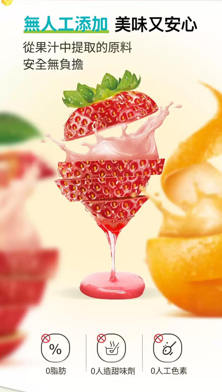 無人工添加 美味又安心，從果汁中提取的原料，安全無負擔，0脂肪，0人造甜味劑，0人工色素。