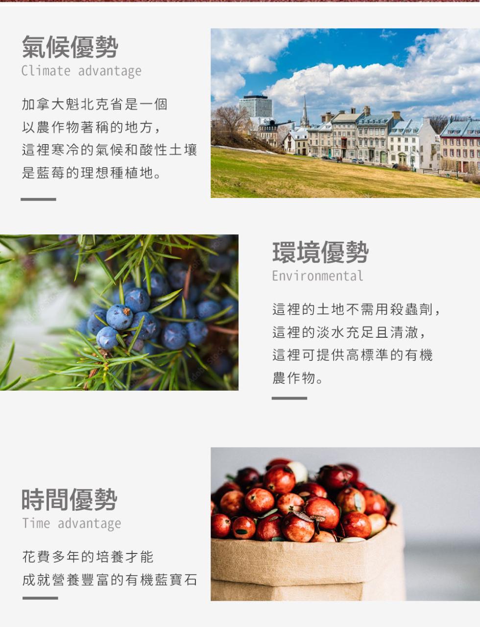 氣候優勢，加拿大魁北克省是一個，以農作物著稱的地方,這裡寒冷的氣候和酸性土壤，是藍莓的理想種植地。時間優勢，花費多年的培養才能，成就營養豐富的有機藍寶石，環境優勢，這裡的土地不需用殺蟲劑,這裡的淡水充足且清澈,這裡可提供高標準的有機，農作物。