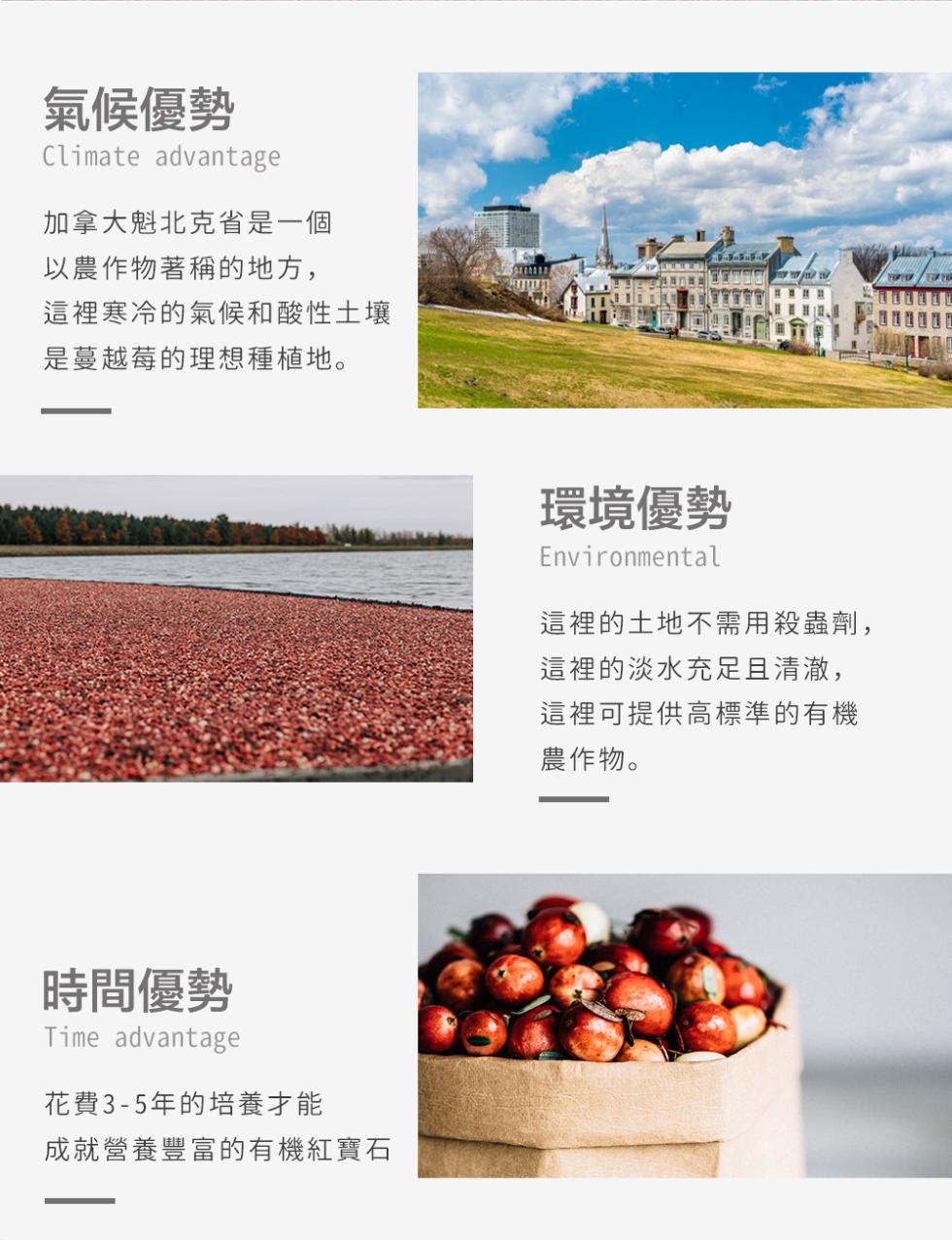 氣候優勢，加拿大魁北克省是一個，以農作物著稱的地方,這裡寒冷的氣候和酸性土壤，是蔓越莓的理想種植地。時間優勢，花費3-5年的培養才能，成就營養豐富的有機紅寶石，環境優勢，這裡的土地不需用殺蟲劑,這裡的淡水充足且清澈,這裡可提供高標準的有機，農作物。