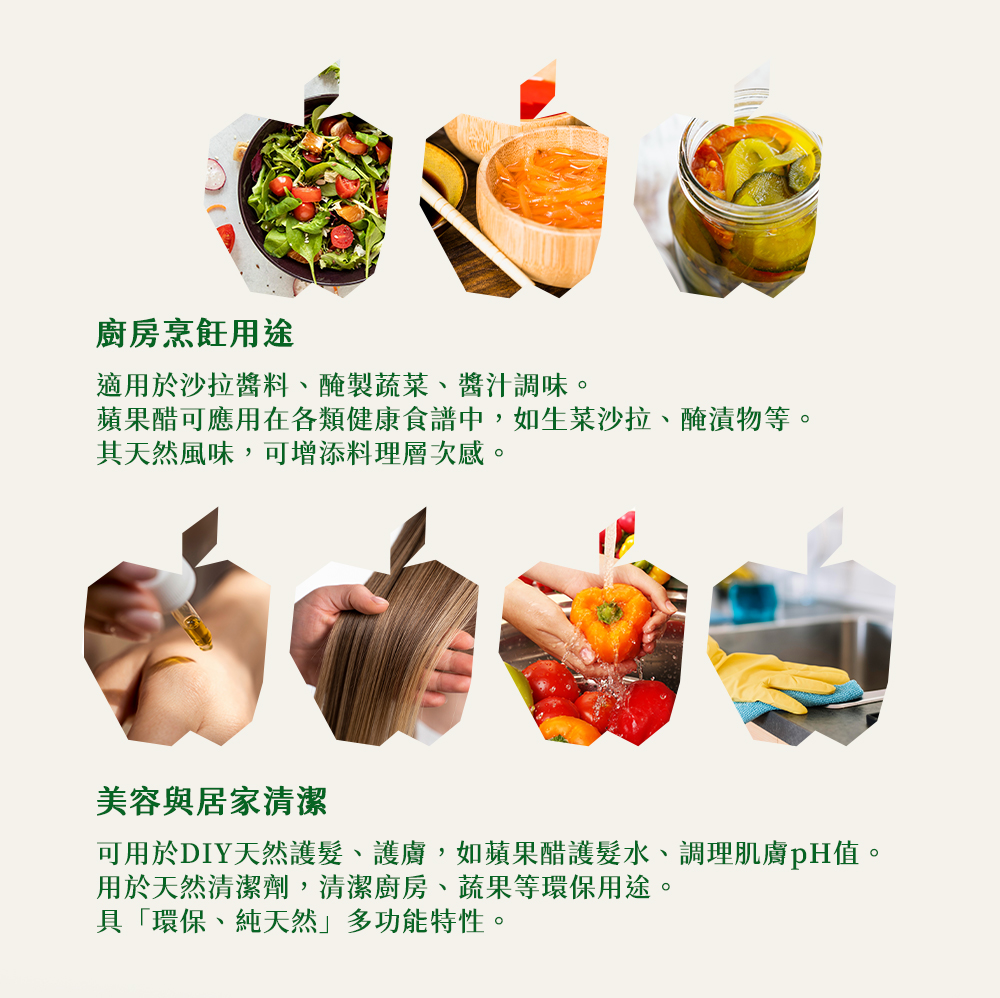 廚房烹飪用途,適用於沙拉醬料、醃製蔬菜、醬汁調味。蘋果醋可應用在各類健康食譜中,如生菜沙拉、醃漬物等。其天然風味,可增添料理層次感。美容與居家清潔,可用於DIY天然護髮、護膚,如蘋果醋護髮水、調理肌膚pH值。用於天然清潔劑,清潔廚房、蔬果等環保用途。