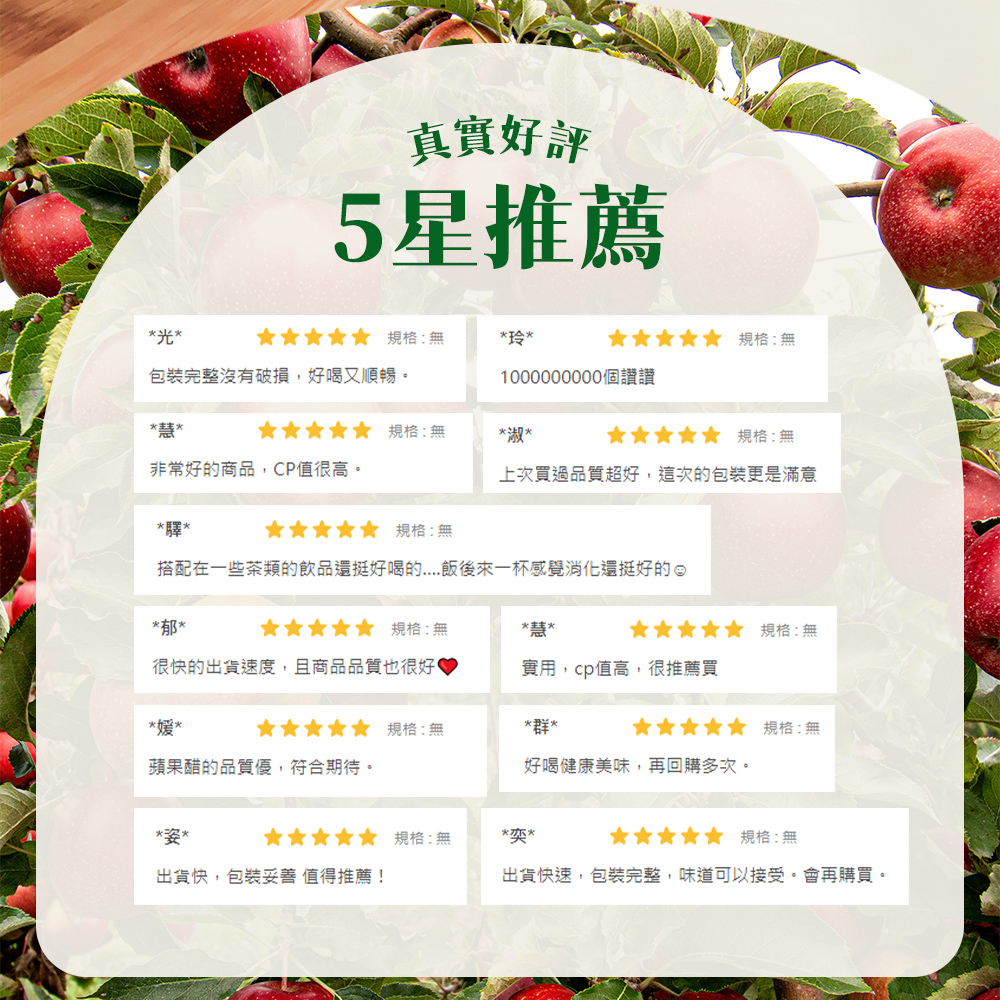 真實好評,5星推薦,光,規格:無,玲,規格:無,包裝完整沒有破損,好喝又順暢。1000000000個讚讚,慧,✰✰✰✰✰ : #,淑,★★★★★規格:無,非常好的商品,CP值很高。上次買過品質超好,這次的包裝更是滿意,驛,★★★★★規格:無,搭配在一