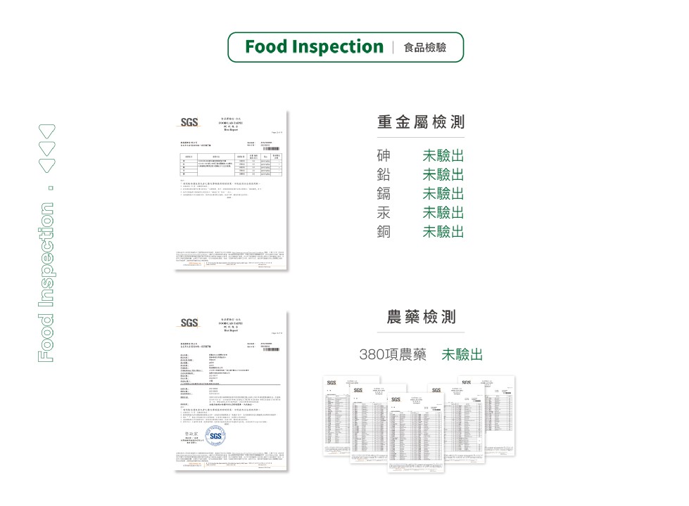Food Inspection 食品檢驗，重金屬檢測，砷鉛鎘汞銅，未驗出，未驗出，未驗出，未驗出，未驗出，農藥檢測，380項農藥 未驗出。