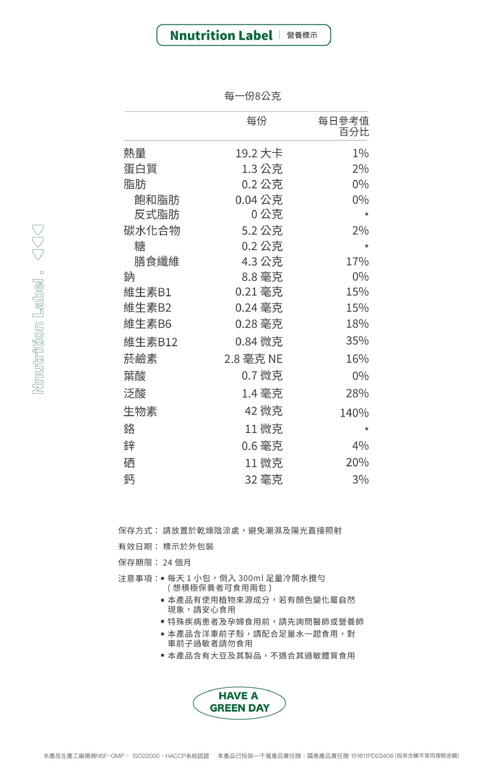 Nnutrition Label 營養標示，每一份8公克，每日參考值，百分比，19.2 大卡，蛋白質，1.3 公克，0.2公克，飽和脂肪，0.04公克，反式脂肪，0公克，碳水化合物，5.2公克，0.2公克，膳食纖維，4.3公克，8.8毫克，維生素B