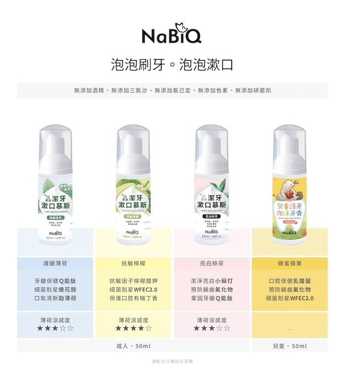 泡泡刷牙。泡泡漱口，無添加酒精、無添加三氯沙、無添加氯己定、無添加色素、無添加研磨劑，品潔牙，品潔牙，品潔牙，漱口慕斯，漱口慕斯，漱口慕斯，護齦薄荷，抗敏檸檬，亮白綠茶，牙齦保健Q能肽，·細菌剋星繖花醇，口氣清新勁薄荷，抗敏因子檸檬酸鉀，細菌剋星WF