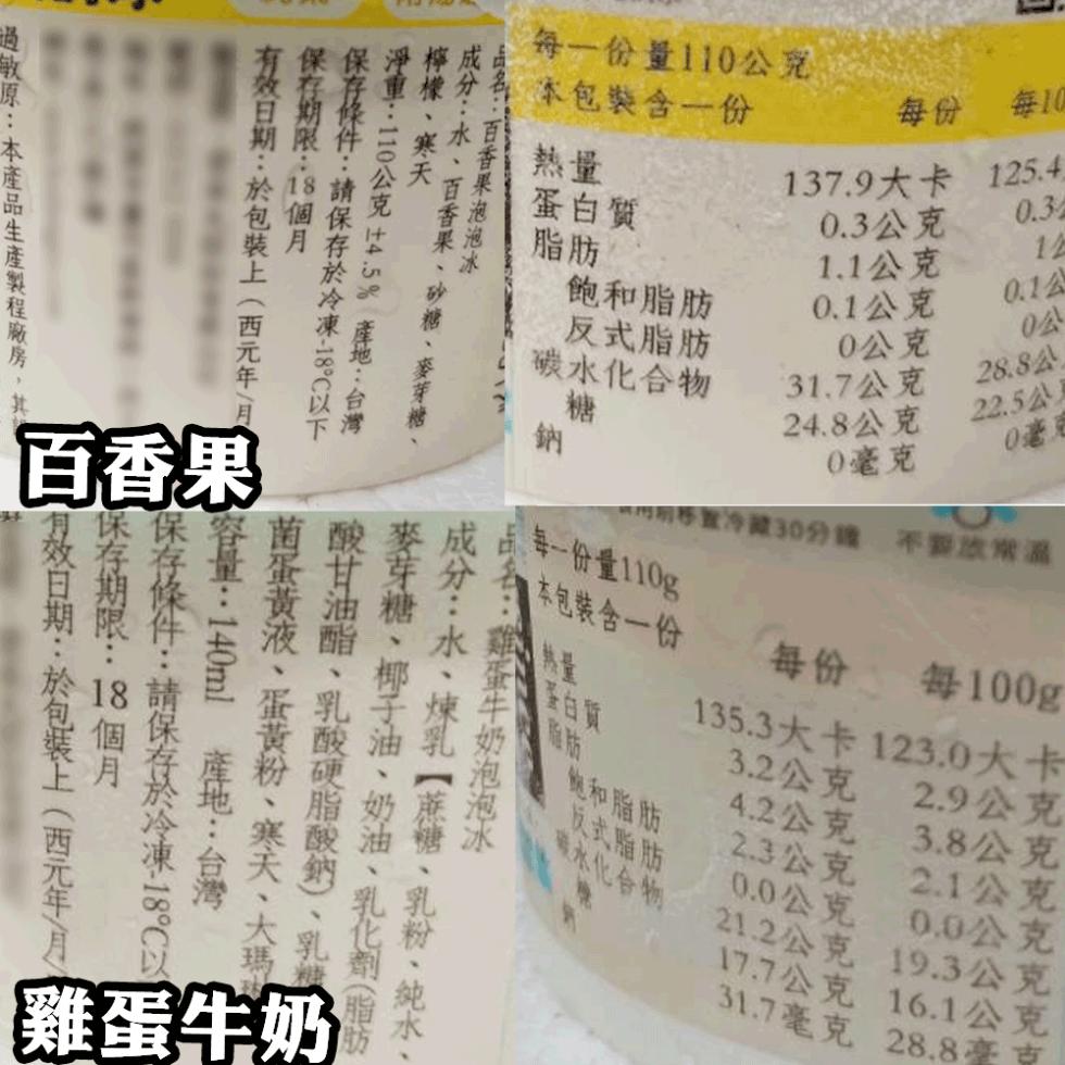 每一份量110公克，岳名:百香果泡泡冰，本包裝含一份，每10，137.9大卡，蛋白質，0.3公克，1.1公克，飽和脂肪，反式脂肪，0.1公克，0公克，28.8公，碳水化合物，31.7公克，22.5公，24.8公克，0毫克，0毫克，可可取冷藏30分鐘 