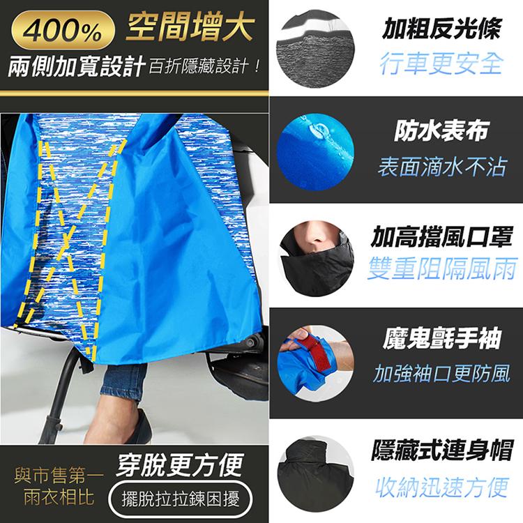 400%空間增大,兩側加寬設計百折隱藏設計!加粗反光條,行車更安全,防水表布,表面滴水不沾,加高擋風口罩,雙重阻隔風雨,魔鬼氈手袖,加強袖口更防風,隱藏式連身帽,收納迅速方便,穿脫更方便,與市售第一,雨衣相比(擺脫拉拉鍊困擾。