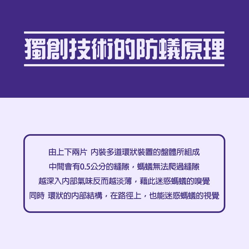 獨創技術的防蟻原理，由上下兩片 内裝多道環狀裝置的盤體所組成，中間會有0.5公分的縫隙,螞蟻無法爬過縫隙，越深入内部氣味反而越淡薄,藉此迷惑螞蟻的嗅覺，同時 環狀的內部結構,在路徑上,也能迷惑螞蟻的視覺。
