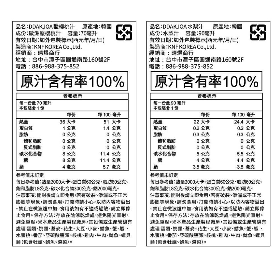 品名:DDAKJOA酸櫻桃汁 原產地:韓國，成份:歐洲酸櫻桃汁 容量:70毫升，有效日期:如外包裝標示(西元年/月/日)，製造商:KNF KOREA Co.,Ltd.經銷商︰晴煜商行，地址:台中市潭子區圓通南路160號2F，電話:886-988-37