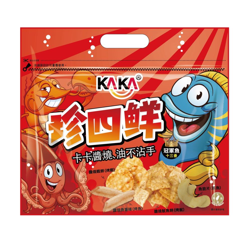 夾鍊袋設計可重覆使用。KAKAⓇ，毛回鲜，卡卡醬燒、油不沾手，冠軍魚，十三香，醬燒蝦餅(烤蝦)，魚脆片(漁)，醬燒魚薯條(烤魚)，醬燒魷魚餅(烤鱿)，黄片僅供參考:。