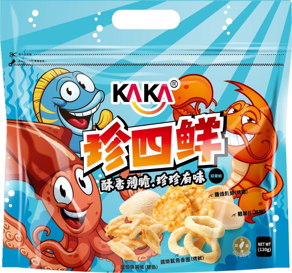 請由此剪開，央銀認設計可重覆使用。四館 ®，酥香薄脆!珍珍有味，冠軍蝦，心醬燒蝦餅(烤蝦)，醬燒魷魚香圈(烤魷)，醬燒魚薯條(烤魚)，◎蝦脆片(蒸蝦)。