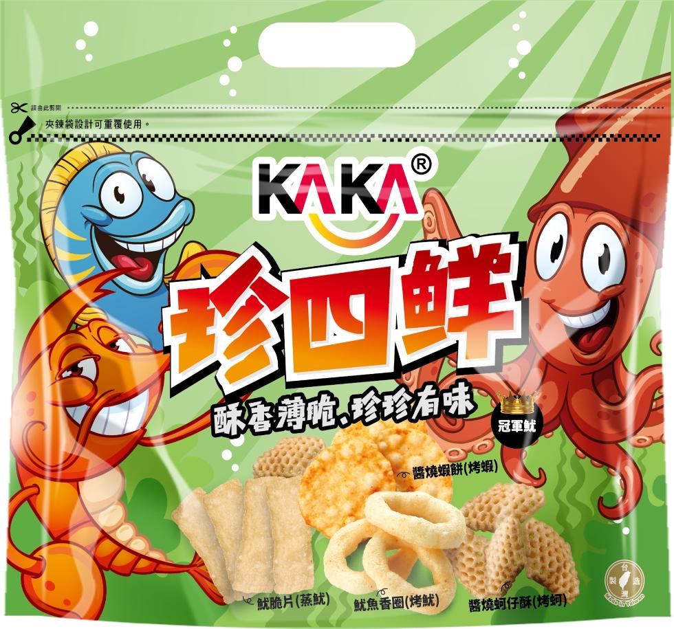 請由此有開，1夾鍊袋設計可重覆使用。KAKAⓇ，酥香薄脆~珍珍滷味，·醬燒蝦餅(烤蝦)，冠軍魷，·魷脆片(蒸魷)，魷魚香圈(烤魷，醬燒蚵仔酥(烤蚵)。