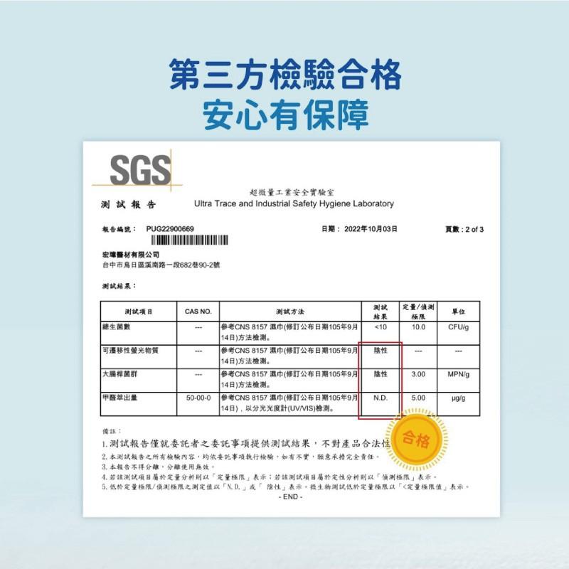 第三方檢驗合格，安心有保障，超微量工業安全實驗室，測試報告，報告編號: PUG22900669，宏瑋醫材有限公司，台中市烏日區溪南路一段682巷90-2號，測試結果:日期:2022年10月03日，頁數:2 of3，測試項目，測試方法，總生菌數，參考C